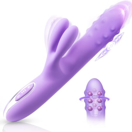 Vibrator Sex Toys Thrusting Dildo - Rolling G Spot Stimulator with Tri-Row 360°Rotating Beads + 10 Thrust + 10 Vibration for Dual Rabbit Ears, Ultra-Soft Liquid Silicone Adult Toy for Women Men Couple
