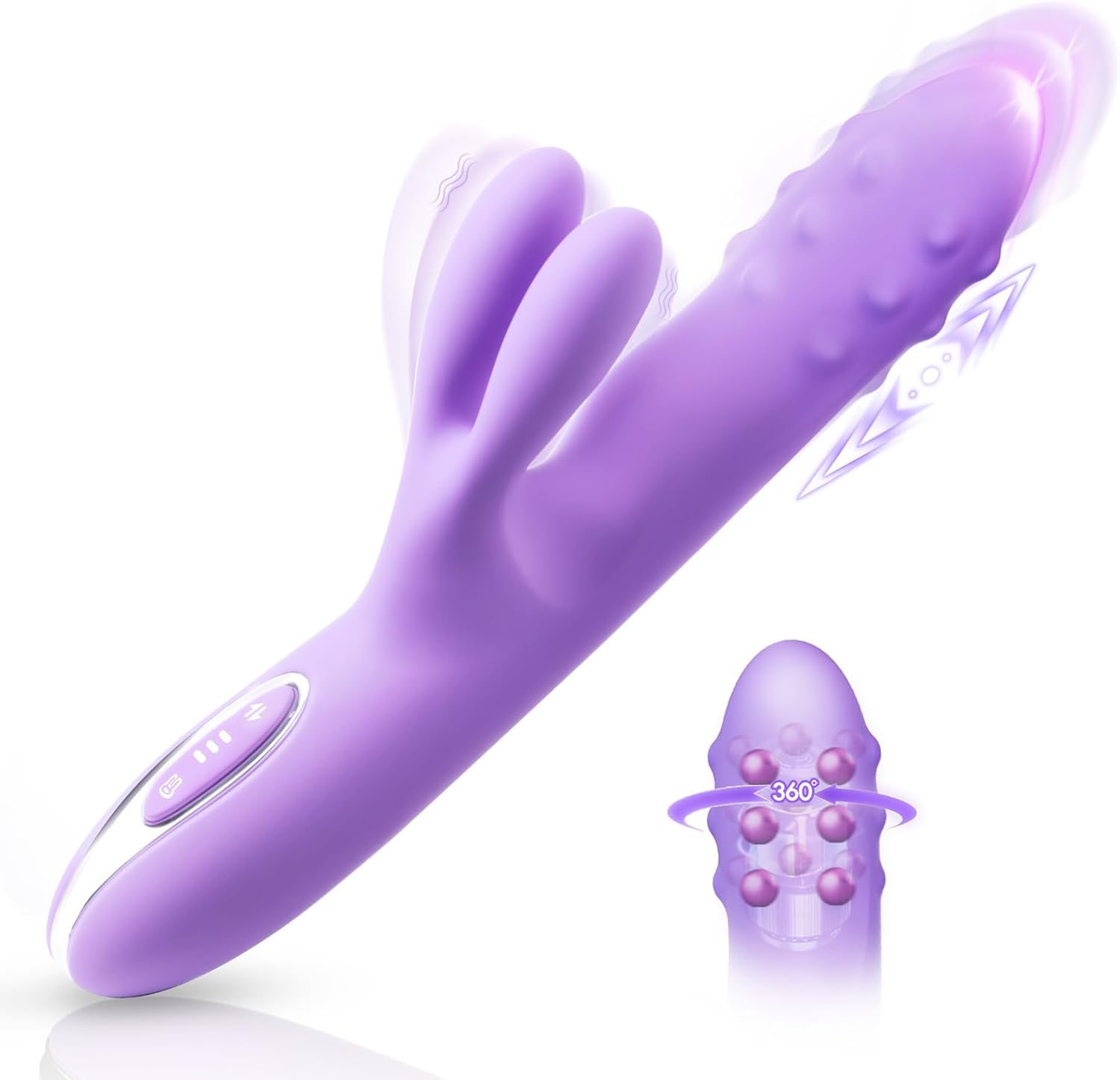Vibrator Sex Toys Thrusting Dildo - Rolling G Spot Stimulator with Tri-Row 360°Rotating Beads + 10 Thrust + 10 Vibration for Dual Rabbit Ears, Ultra-Soft Liquid Silicone Adult Toy for Women Men Couple