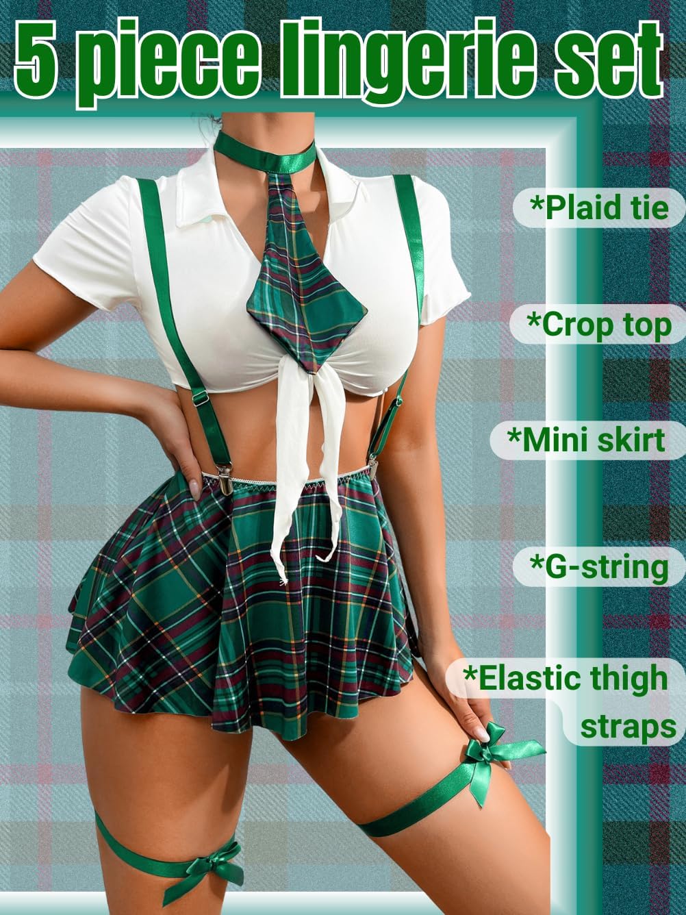 Costumes For Women,Halloween Lingerie Outfits,Tie Crop Top & Plaid Skirt Set - Image 2