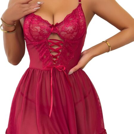 Sexy Babydoll Lingerie for Women Mesh Lace  Nightdress with Adjustable Straps Sleep Dress