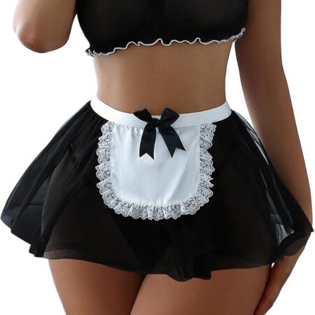 Sexy Stockings Mini Skirt Mesh Sheer Lace Costume Outfit Lingerie with Thong Set