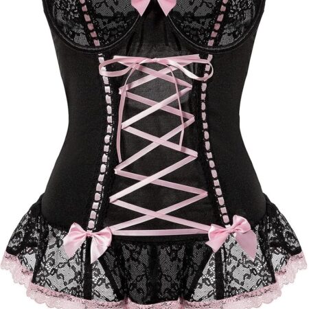 Sexy Rave Mesh Corset Ruffle Lace Up  Sheer Garter Belt Babydoll Lingerie Set With Thong 3 Piece Women