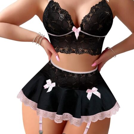 Sexy Stocking Mini Skirt Wireless Mesh Lace Garter Lingerie with Thong Set